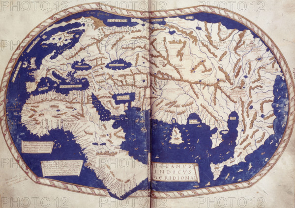 World map, 1490. Labelled and coloured, within a border.