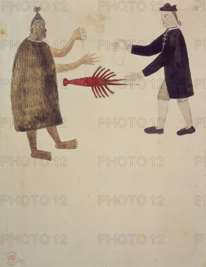 A Maori bartering a crayfish with an English naval officer. 1769. A man with facial tattoos and wearing a fur cape, holds out a crayfish on a string to a European member of Captain James Cook's crew. From drawings done on Captain James Cook's first voyage to the South Seas, chiefly relating to Otaheite (Tahiti) and New Zealand.