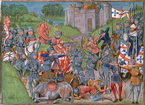 Portuguese and English defeat French vanguard of the King of Castille, c1415-c1500. Archers fire arrows; dead and wounded men and horses lie in the foreground. In the distance is the walled city. From the "Chronique d'Angleterre" by Jehan de Wavrin, whose father and brother were killed during the battle.