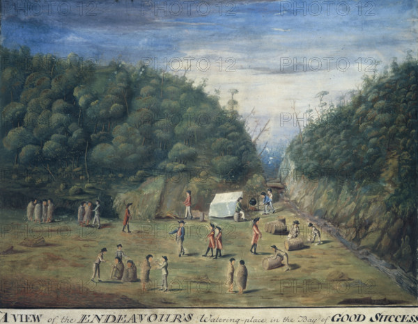 'A View of the Endeavour's Watering-place in the Bay of Good Success', Tierra del Fuego, Argentina, c1768-c1780. An encampment by a stream with soldiers; men tend a fire and roll barrels. The people in blankets are probably Fuegians, the indigenous inhabitants. The Europeans are the crew of Captain Cook's ship the 'Endeavour'. From "A Collection of Drawings by A Buchan, S Parkinson, and JF Miller, made in the Countries visited by Capt Cook in his First Voyage, also of Prints published in Hawksworth's Voyages of Biron, Wallis, and Cook, as well as in Cook's second and third Voyages". Captain Cook's first voyage was 1768-1771, his second voyage 1772-1775, and the third voyage 1776-1780.