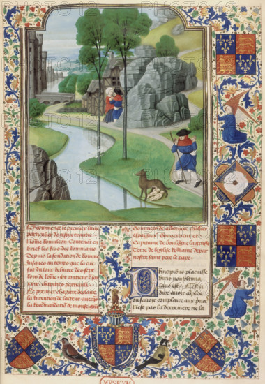 Romulus and Remus discovered on the riverbank, 1480. Romulus and Remus were the mythical founders of Rome. As babies they were set afloat in a basket on the River Tiber. They were found and suckled by a she-wolf. From the "Romuleon", a history of ancient Rome. romulon---caption-faustulus-discovers-romulus-and-remus-being-suckled-by-a-she-wolf-on-the-bank-of-the-tiber-behind-he-entrusts-the-infants-to-laurentia-with-text-below-and-decorated-borders-containing-the-arms-and-badge-of-england_12459006755