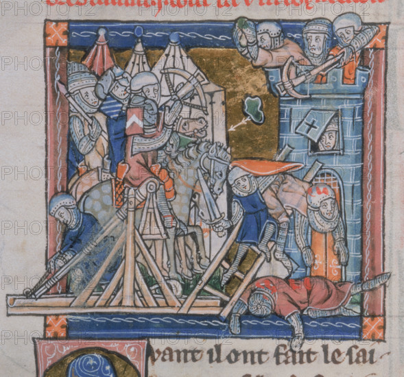 Guinevere besieged in the Tower of London by Mordred, c1300-c1310. From "Le Roman du Saint Graal", (Legend of the Holy Grail).