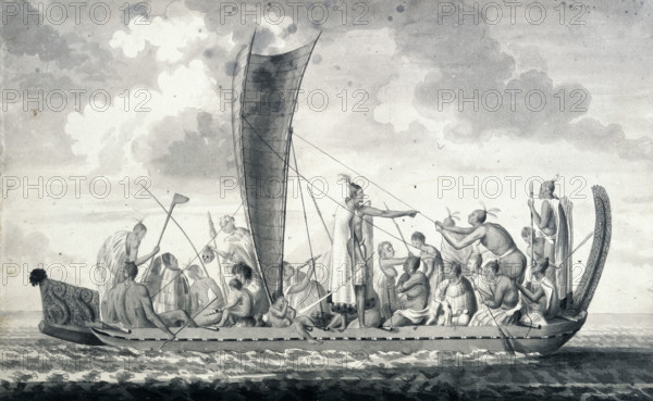 A New Zealand war canoe with sail, 1768-1780. A Maori war canoe with its crew, one of whom holds a human skull; also aboard are women, children and a dog. A man in a cloak gives orders. From "A Collection of Drawings by A Buchan, S Parkinson, and JF Miller, made in the Countries visited by Capt Cook in his First Voyage, also of Prints published in Hawksworth's Voyages of Biron, Wallis, and Cook, as well as in Cook's second and third Voyages". Captain Cook's first voyage was 1768-1771, his second voyage 1772-1775, and the third voyage 1776-1780.