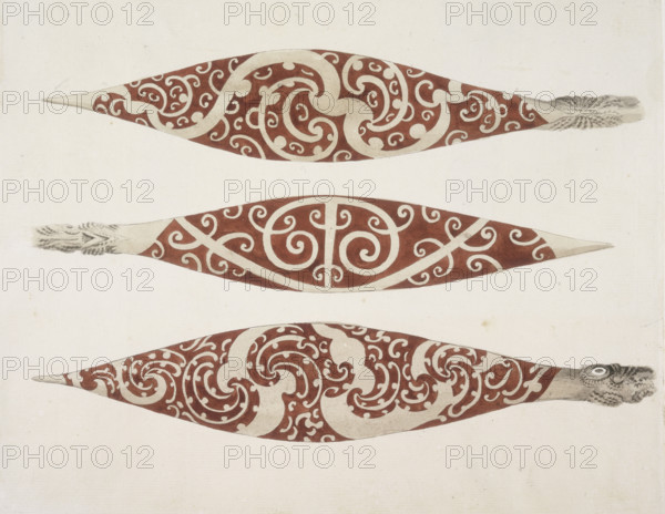 Three painted paddle blades, c1768-c1780. From "A collection of Drawings by A Buchan, S Parkinson, and JF Miller, made in the Countries visited by Capt Cook in his First Voyage, also of Prints published in Hawksworth's Voyages of Biron, Wallis, and Cook, as well as in Cook's second and third Voyages". Captain Cook's first voyage was 1768-1771, his second voyage 1772-1775, and the third voyage 1776-1780.