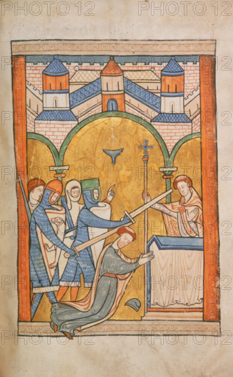 The Murder of St Thomas Becket, c1200-c1300. The Archbishop of Canterbury is murdered by four knights.