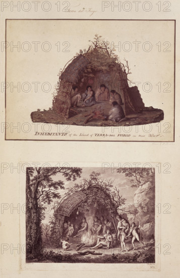 Inhabitants of Tierra del Fuego, c1768-c1780. Two views of indigenous inhabitants of Tierra del Fuego, South America, inside their dwellings. From a collection of drawings of the first voyage of Captain Cook.