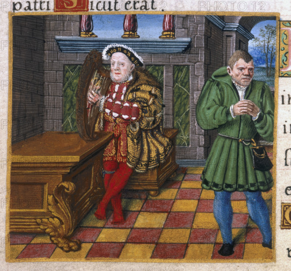 King Henry VIII with a harp, as David. On the right-hand-side is Henry's jester, William Sommers, as the fool. From a Latin psalter.