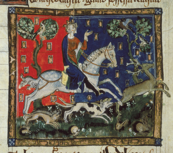 King John hunting, 14th century. The king, riding a horse and accompanied by dogs, chases a stag. untitled---caption-king-john-hunting_12459001173