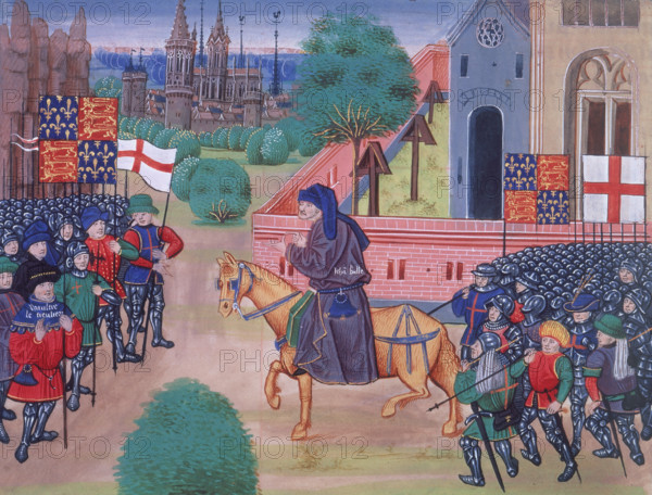 The Peasants' Revolt, c1469-c1480. The Peasant's Revolt, 1381, with banners of England and St George. Jehan Balle, (John Ball), and Waultre le Tieulier (Wat Tyler), are marked with their names. From "Chroniques de France et d'Angleterre" a detailed account of the events of the 14th century by Jean Froissart.