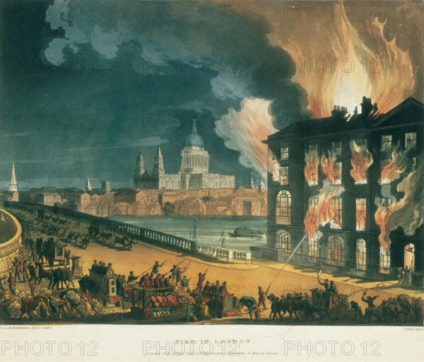 'Fire in London', c1810. The fire at Albion Mill, Blackfriars Bridge, Southwark, London on the night of 2 March 1791. From " The Microcosm of London..." by William Henry Pyne and William Combe.