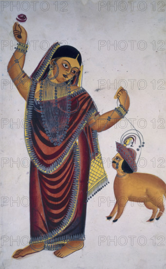 The sheep lover, 1865. An Indian courtesan wearing a sari and jewellery holds a rose in one hand and leads a sheep with a the head of a man, wearing a hat.