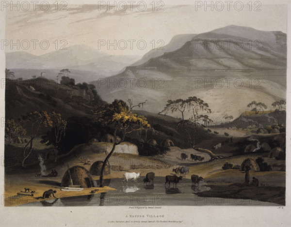 'A Kaffer Village', South Africa, 1804. African village beside a river with huts and livestock. Villagers carry out various tasks; mountains in the distance. From "A collection of plates illustrative of African scenery and animals", with descriptive letterpress by Samuel Daniell.