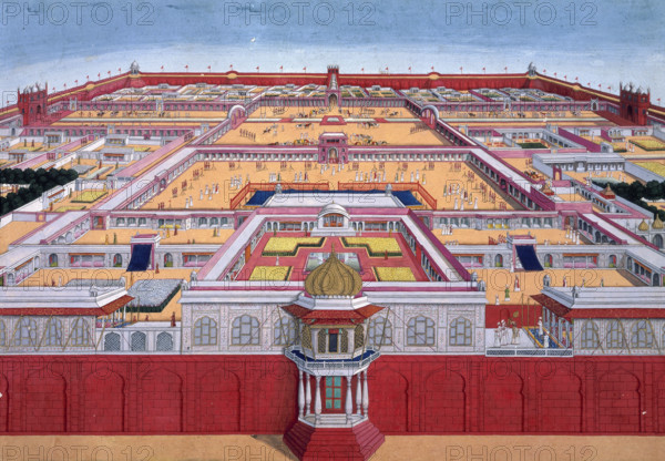 A bird's-eye view of the Red Fort at Delhi from the east, India, c1780-c1790. The Red Fort at Delhi, India, showing an emperor, probably Shah Alam II, entering the Diwan-i-Khas (private audience hall) on the right. The Rang Mahal is on the left, the Khwabg ah Jharoka in the centre, and the Pearl Mosque in on the extreme right.