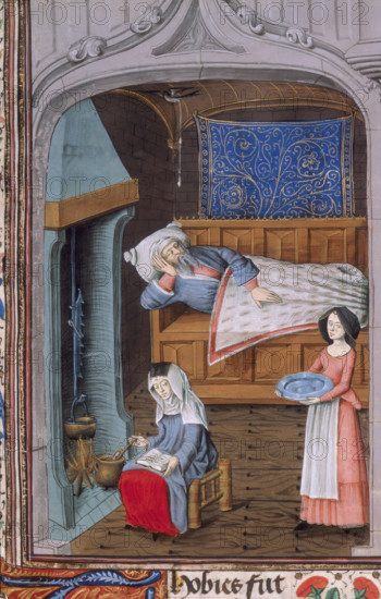 Tobit, blind in bed, attended by two women, c1479. Set in a cosy interior, one of the women sits by the fire concocting a recipe, while the other holds a dish. Tobit lies in the background. From volume IV of a Bible Historiale of Edward IV.