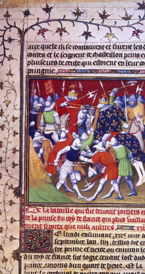 Scene from the Battle of Poitiers, 1356, during The Hundred Years' War. From "Grandes Chroniques de France".