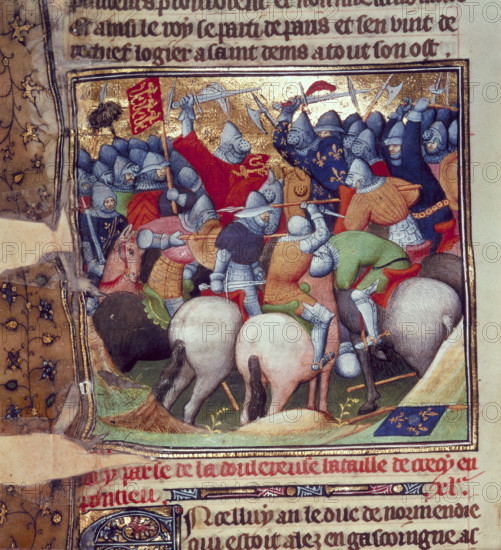 Scene from the Battle of Crecy, 1346, (c1346-c1400). Fierce fighting between soldiers and knights in armour. The Battle of Crécy took place on 26 August 1346 in Picardie, northern France. It was fought between a French army commanded by King Philip VI and an English army led by King Edward III. The English won, and there was heavy loss of life among the French. From "Les Chroniques de France".