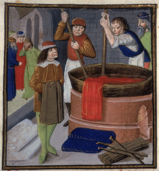 Dyers soaking red cloth in a heated barrel, 1482. Men stirring a vat of dye over a fire. From "Le Livre des Proprietes des choses". (Bruges, c1482-c1500).