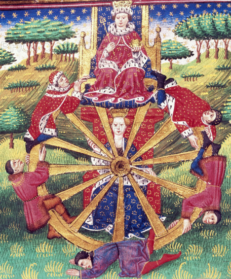 Wheel of Fortune, c1520. A king presides over the wheel with a woman representing Fortune in the centre. Men cling onto the outside of the wheel; noblemen and serfs are equally powerless to escape the wheel's turning which symbolises mutability, bringing about changes in the lives of rich and poor alike. From the Troy Book and the Story of Thebes.