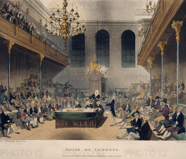 The House of Commons, c1808-c1811. Interior view with a session taking place. The benches are filled with various members of parliament, and a debate is in progress. From "The Microcosm of London" by William Henry Pyne and William Combe. (London, 1808-11).