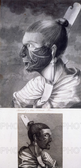 Two portraits of Maoris, c1768-c1780, 1769. Head and shoulders portraits of two Maoris with tattoos, earrings and elaborate hairstyles. They wear combs, probably of whalebone, ear pendants - almost certainly of nephrite - and a woven flax cloak. Their hair is arranged in the topknot style popular at the time, and faces are tattooed with designs typical of those used in the northern part of New Zealand. Round their necks they wear rei puta, pendants made from whale tooth. One, Te Kuukuu, is a chief's son. From a work on the voyages of Captain James Cook.