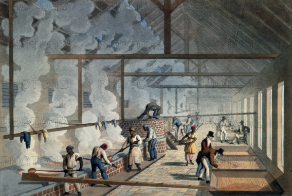 Slaves working in the boiling house, Antigua, 1823. African slaves working in a factory; probably a sugar refinery. On the left a man scoops hot liquid into a wooden pipe which leads to cooling trays where white men examine or taste the product. Steam rises from the boiling vats; one man stands on top of a brick container, and a woman carries a basket, possibly of finished loaves of sugar. Plate VI from "Ten Views in the Island of Antigua, in which are represented the process of sugar making, and the employment of the negroes ... From drawings made by W Clark, etc" written and illustrated by William Clark.