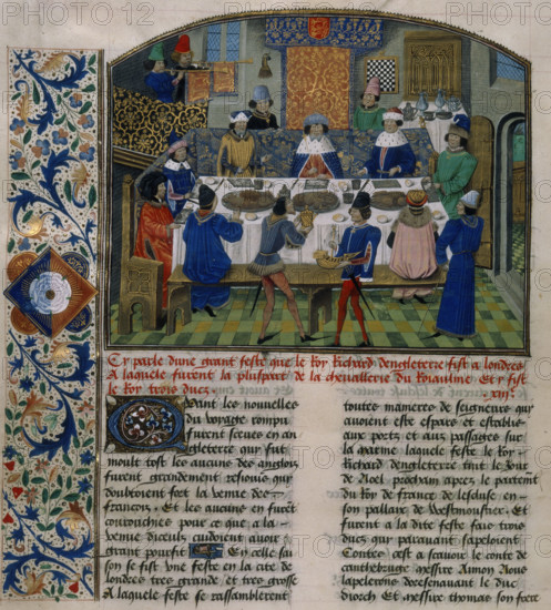 The Dukes of York, Gloucester and Ireland dine with Richard II, 15th century. Set in a royal dining hall is a laid table surrounded by decorated drapery. As well as the diners mentioned, other guests are present with servants and musicians. Produced at Bruges, for Edward IV, whose arms are introduced into the border. French text below. From "Chronique d' Angleterre" by Jehan de Wavrin.