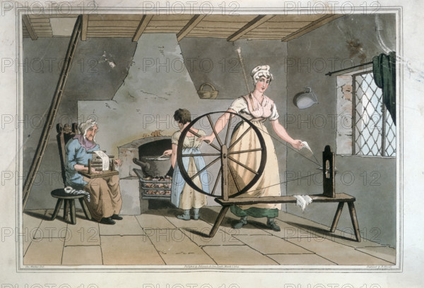 Women Spinning and Carding Wool, 1814. Within a humble interior are three women, two working with wool and the third cooking. Plate XXIX from "The Costume of Yorkshire illustrated by a series of forty Engravings, being fac-similes of original drawings, with descriptions in English and French." By George Walker of Seacroft. (London, 1814).