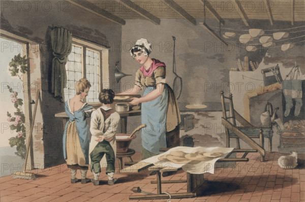 A woman making oat cakes, 1814. Interior of a kitchen or bakery with a woman and two children. Oat cakes on a cloth lie on boards on top of a chair which has been placed on its front. Smoke rises from the oven, and more oat cakes hang to dry from strings above the hearth where some stockings also hang. A cat sits in front of the fire. Plate IX from "The Costume of Yorkshire illustrated by a series of forty Engravings, being fac-similes of original drawings, with descriptions in English and French." by George Walker of Seacroft. (London, 1814).