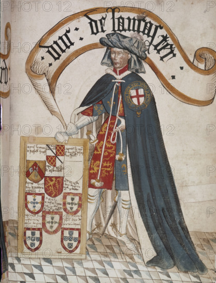Henry, Duke of Lancaster, (c1440-1450). Portrait of Henry, Duke of Lancaster (1367-1413), later King Henry IV, a Knight Founder of the Order of the Garter, wearing a blue Garter mantle over plate armour and surcoat with his arms. A framed tablet displays painted arms of successors in his Garter stall at St George's Chapel, Windsor. Illustration from William Bruges's Garter Book, (c1440-1450).