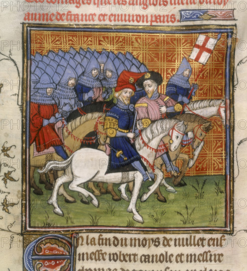 The English army, on horses, with their leaders, c1375-c1400. A large army of armoured, mounted knights riding behind two princes or noblemen and a knight carrying the banner of St George. From "Chroniques de France, ou de St.Denis."