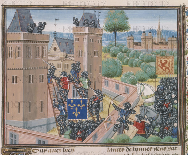 The capture of Wark Castle, c1460-c1480. An army of men all dressed in armour invade the castle. A group of men outside the walls fire arrows, while other soldiers climb up ladders weilding swords. Two men at the top of the ladders are attemtpting to stop them. From "Chroniques de France et d'Angleterre" by Jehan Froissart.