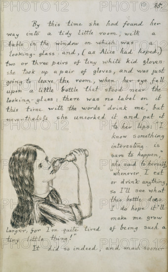 Alice about to drink from a bottle, c1862-c1864. Alice is about to drink the magic potion which will make her grow. From the autograph manuscript of "Alice 's Adventures Under Ground", written and illustrated by Lewis Carroll.
