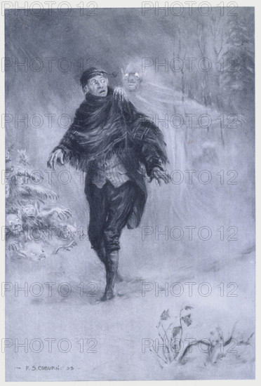'What fearful shapes and shadows beset his path amidst the dim and ghastly glare of a snowy night !' Ichabod Crane imagining a phantom at his shoulder, 1899. A man out on a snowy night is startled by a ghostly figure touching him on the shoulder. Other similar phantoms are lurking behind him. From "The Legend of Sleepy Hollow", by Washington Irving. (New York, 1899).