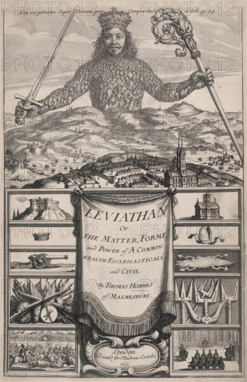 Title page to Leviathan, 1651. Huge mythological crowned figure with body made of people, weilding a sword and a bishop's crook. Title page from "Leviathan, or the Matter, Forme & Power of a Common-wealth, ecclesiasticall and civill" by Thomas Hobbes.