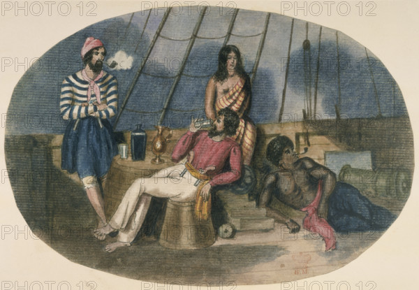 Sailors and Maoris on the deck of a ship, c1850. Two sailors, both rather piratically attired, on the deck of a ship. One smokes a pipe while the other drinks from a glass. With them on the ship are a Maori woman and man, the latter lounging on the deck. From "Water-colour drawings, lithographs, and pencil sketches, illustrating scenery, manners, costume, and features of the natives, etc, in New Zealand, by Charles Heaphy, Cuthbert Clarke, George F Swainson, and other Draughtsmen", 1848-1853.