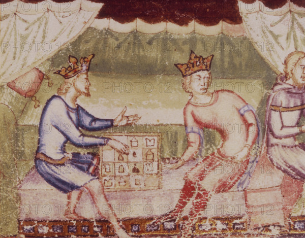 two kings playing chess, c1352-c1362. Two crowned men sit on a low couch. Between them is a chess board. The man on the right seems distracted by something going on behind him. From "Le Roman du Roi Meliadus de Leonnoys" written by Helie de Borron for Louis II, King of Naples