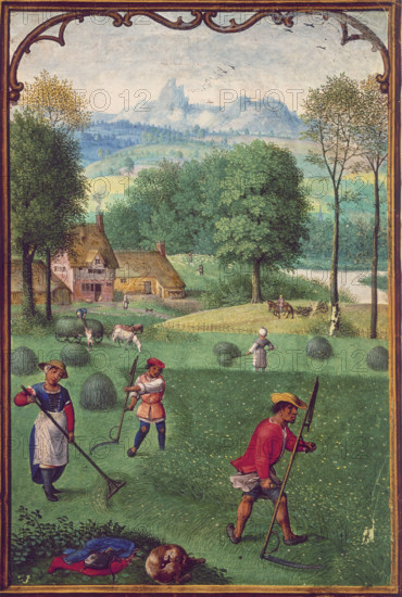 Harvesting, late 15th century. Men use scythes to cut the hay while women rake it into piles. In the distance others load the cart. A dog lies curled up asleep in the foreground.