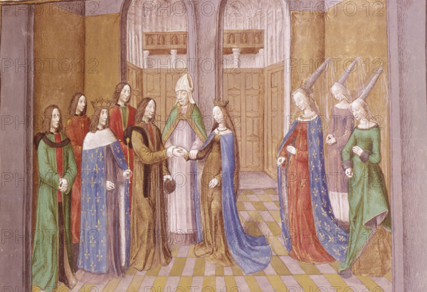 Marriage of Boemond and Constance of France, 1106, late 15th century. A bishop joins their hands together to symbolise their union. From a translation of a Latin history of the Crusades.