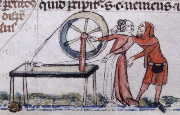 A woman being distracted from her spinning, early 14th century. A man is putting an arm around her shoulder and reaching out to touch her bottom. From decretals of Pope of Gregory IX.