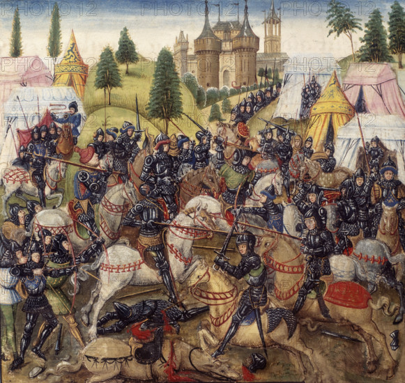 Battle of Hastings, 1066, (second half of 15th century). Later depiction of the famous 11th-century victory of William the Conqueror's Norman knights over Harold's Anglo-Saxon army. The tents of both sides are shown and a castle in the distance. In the foreground, an intense battle takes place on horseback. On the left, archers shoot at the knights. From a "Chronique de Normandie", (Chronicle of Normandy), Rouen, France.