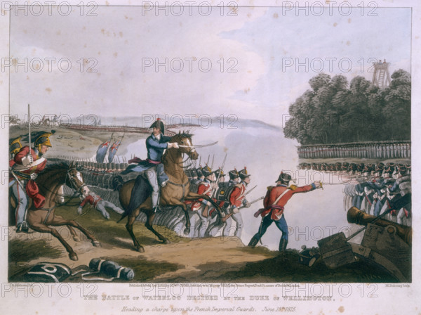 'The Battle of Waterloo decided by the Duke of Wellington, heading a charge upon the French Imperial Guards, June 18th 1815', 1819. The Duke, on his horse, urges his troops on with a thrust of his sword. From "Historic, military, and naval anecdotes of ... particular incidents which occured to the armies of Great Britain and her allies" by Edward Orme.