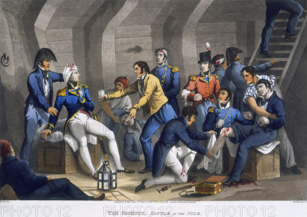 'The Cockpit, Battle of the Nile', 1819. Scene on board ship; Nelson and others have been wounded and are being attended to the medical officer.