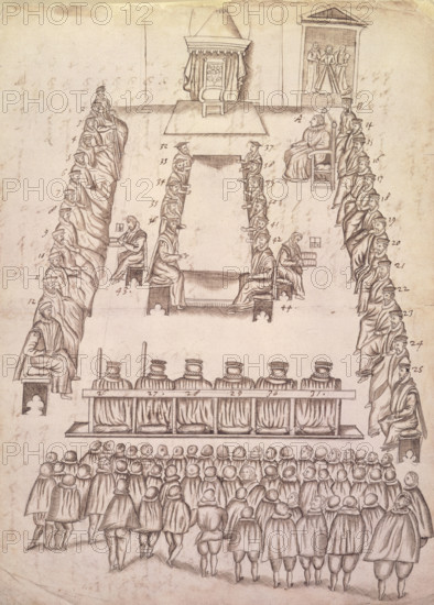 Trial of Mary, Queen of Scots in the Great Chamber at Fotheringhay castle, 14-15 Oct 1586. Mary's cousin, Elizabeth I was sympathetic to her plight when she was forced to flee to England in 1567. However, as a Catholic with a claim to the English throne, Mary was a focus for plots, and she was confined to prison. Eventually she was brought to trial for complicity in a conspiracy, and executed at Fotheringhay castle, Northamptonshire. Robert Beale was an official of Queen Elizabeth's council who carried the death warrant for Mary to Fotheringhay castle. His papers include sketches of the trial and execution of Mary. This sketch shows Mary entering the hall. From papers and correspondance relating to Mary, Queen of Scots.