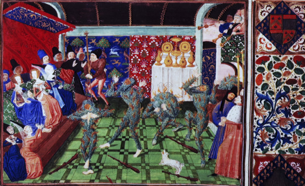 Masquerade at the French court, 1470-1475. King Charles VI of France and his knights masquerade as savages; with part of decorated border. From Froissart's Chronicles (Volume IV, part 2) by Jean Froissart,