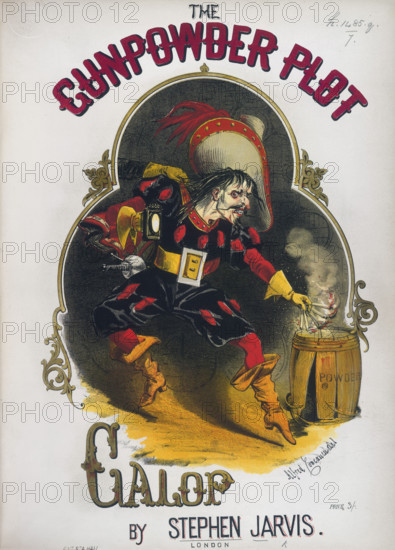 'The Gunpowder Plot Galop', 1866. A music cover illustration depicting Guy Fawkes, the conspirator, lighting matches over a barrel of gunpowder. (London, 1866).
