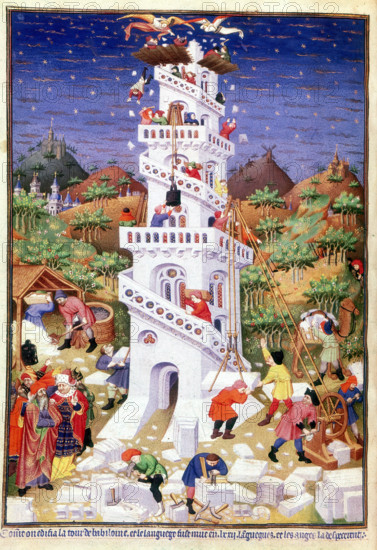 Building Tower of Babel, 1430-1440. God coming down to see the tower and deciding to confound the universal language and scatter people over the Earth. Stonemasons are at work in the foreground, mixing lime mortar and raising a block of stone with a winch and pulley. From the Bible (Genesis 11).