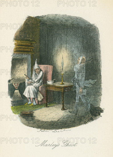 Scene from "A Christmas Carol" by Charles Dickens, 1843. The irascible, curmudgeonly Ebenezer Scrooge, sitting alone on Christmas Eve, is visited by the ghost of Marley, his late business partner. The same night he is visited by three more apparitions, the ghosts of Christmas Past, Christmas Present and Christmas Future, whose revelations cause him to wake on Christmas Day a changed man. He sends a turkey to Bob Cratchit his clerk, thoroughly enjoys the festivities and becomes a kindly, jolly old man. From "A Christmas Carol" by Charles Dickens. (London, 1843). This was the first in the series of five Christmas books Dickens published.