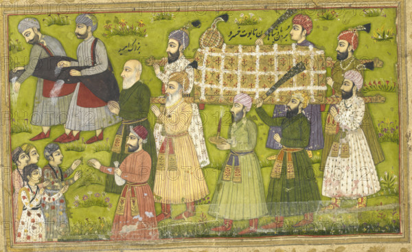 Buzurjumid leading the funeral procession accompanied by water-sprinklers and men giving coins to bystanders, 1726. From An Abridged Version Of Khusrau U Shirin By Nizami. Sixty Three Miniatures.