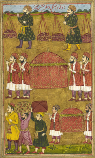 Gifts and palanquins sent by Khusrau to Shirin, 1726. From An Abridged Version Of Khusrau U Shirin By Nizami. Sixty Three Miniatures.