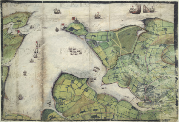 Coloured manuscript plan of Falmouth Haven, or Harbour, 1579. From Lord Burghley's Atlas.